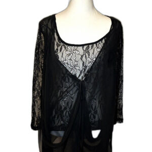 a'reve Sheer Lace Chiffon Draped Tie Front Top Black Womens L